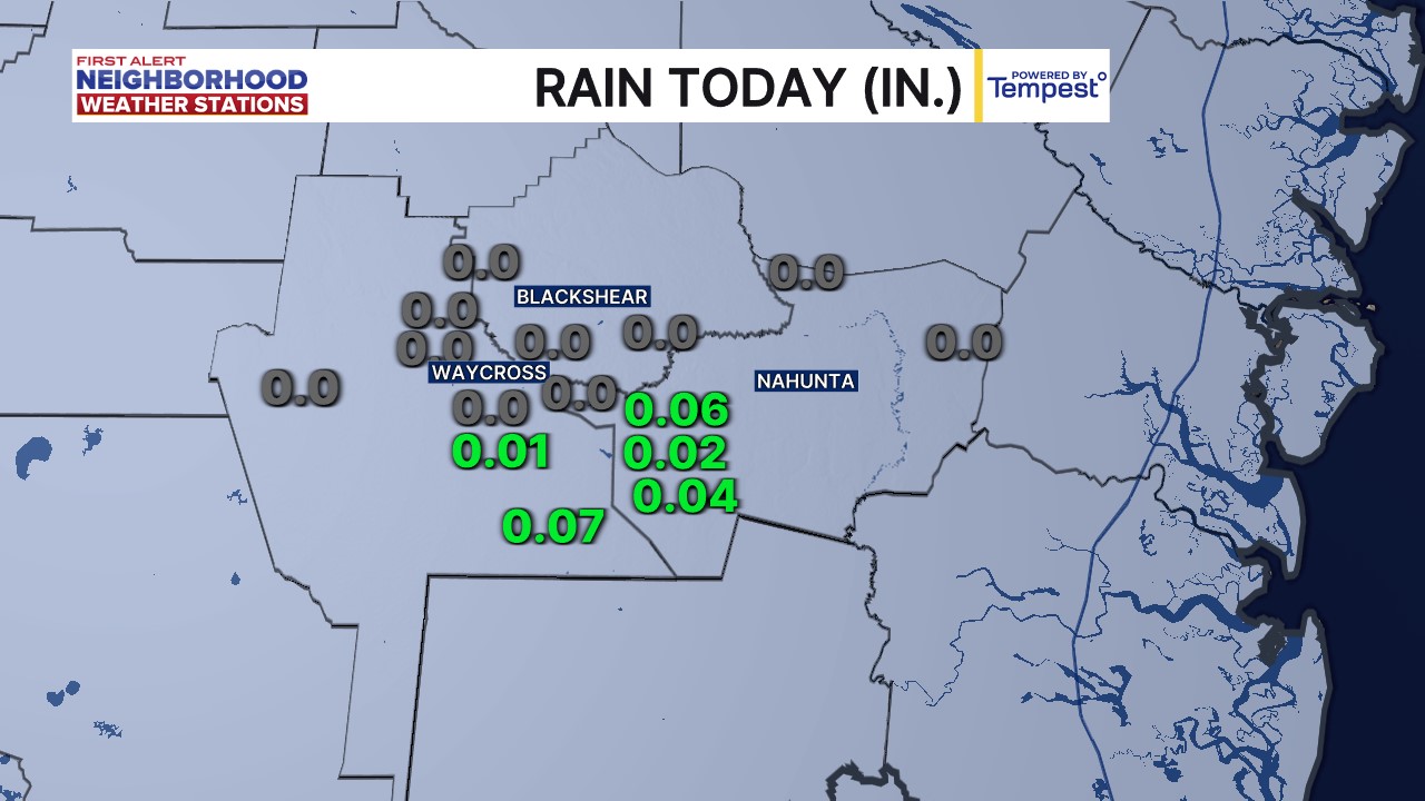 First Alert Neighborhood Weather Stations - Ware, Pierce, Brantley - Rain Today